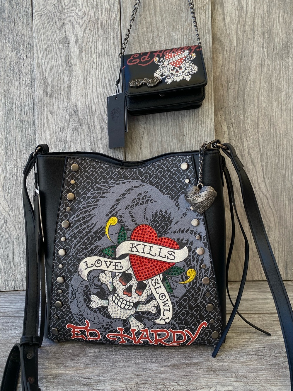 NWT Ed Hardy 2 Piece Crossbody Bag Set Black Y2K